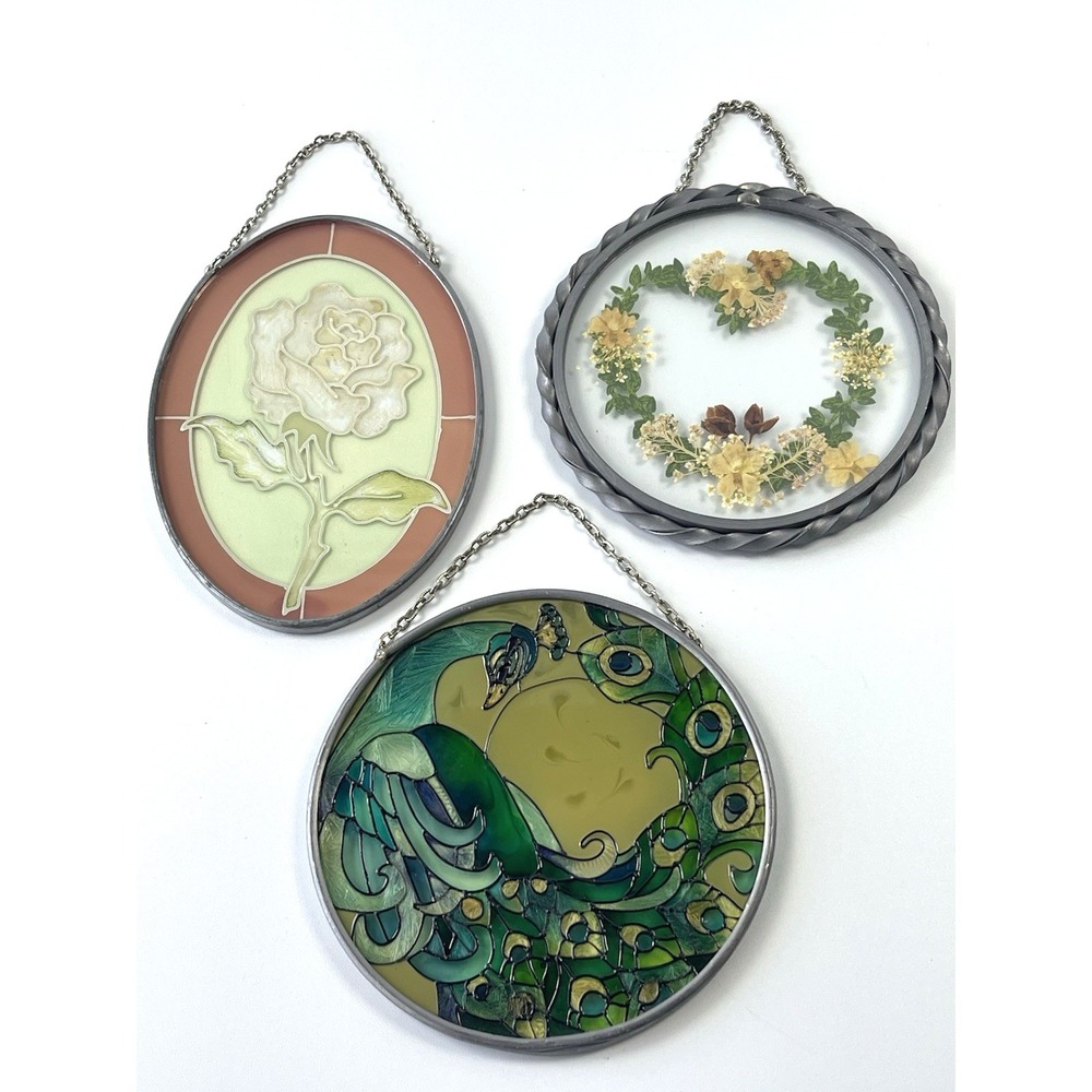 Vintage‎ Glass Suncatchers Hand Painted Peacock, Dry Flowers & Flower Set Of 3